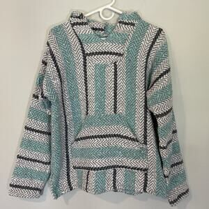 Baja Joe Hoodie Mens S Mexican Drug Rug Long Sleeve Pullover Teal Gray‎ Hippie